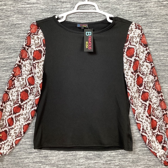 B Famous Women’s Black Red Cream Snake Skin Print Sheer Long Sleeves Blouse - Picture 5 of 5